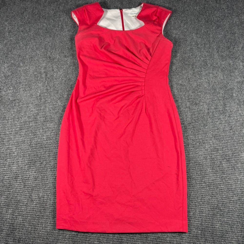 Calvin Klein Sheath Dress Womens 10 Pink Good Ruched Cap Sleeve Square Neck
